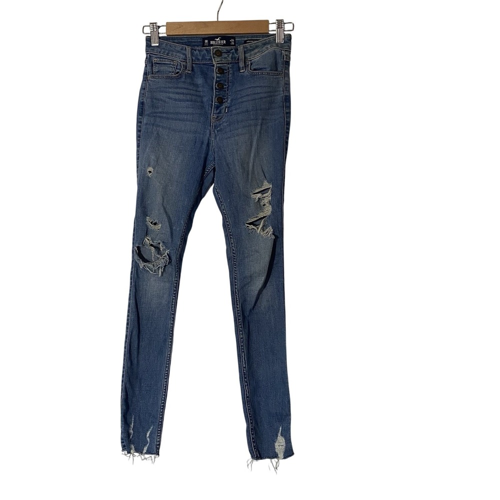 Hollister‎ Blue Distressed High Rise Crop Super Skinny Stretch Denim Jeans Sz 0R